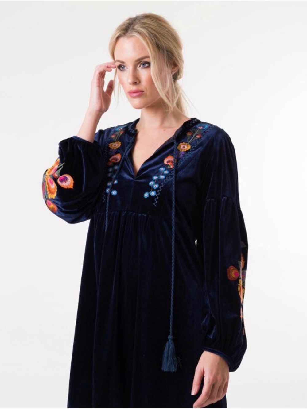 Zara Woman Navy Velvet Floral EmbroideredBalloon Sleeve Boho Mini Dress Size S